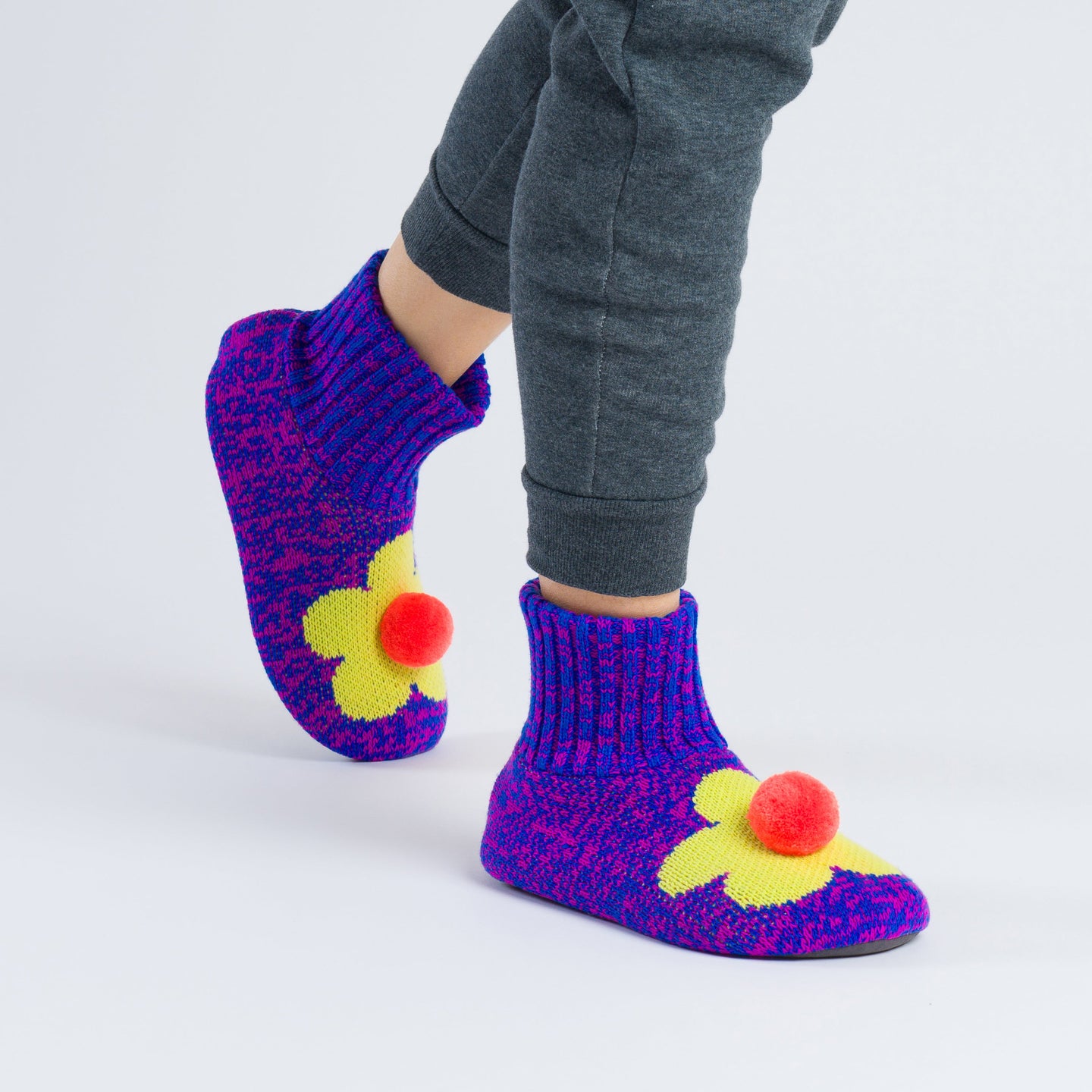 Purple Yellow Flower Sock Slipper Knit Red Pom