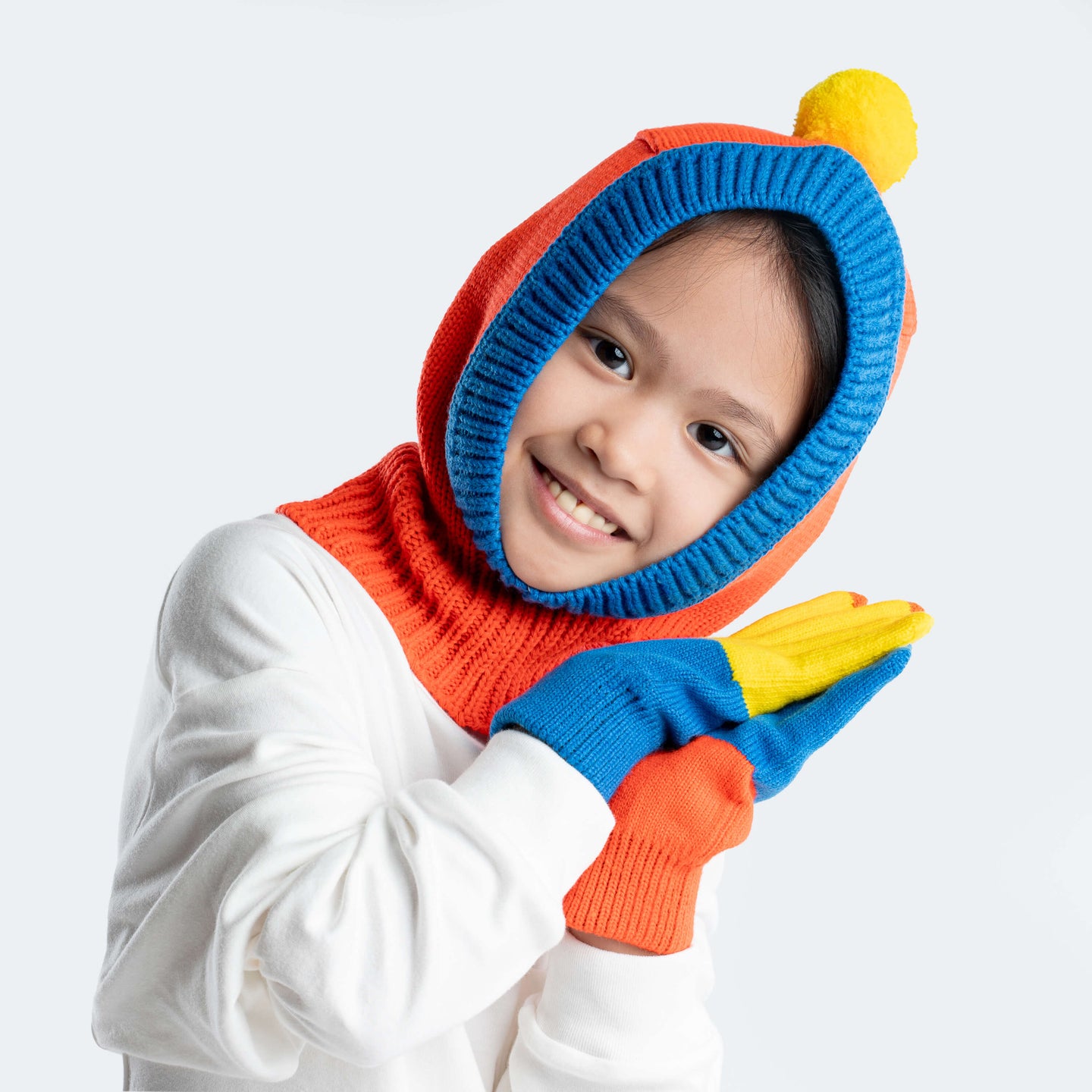 Pom Balaclava Hood Kids Pink Cute Hat Warm Alternative Stay On Head Matching Gloves Set