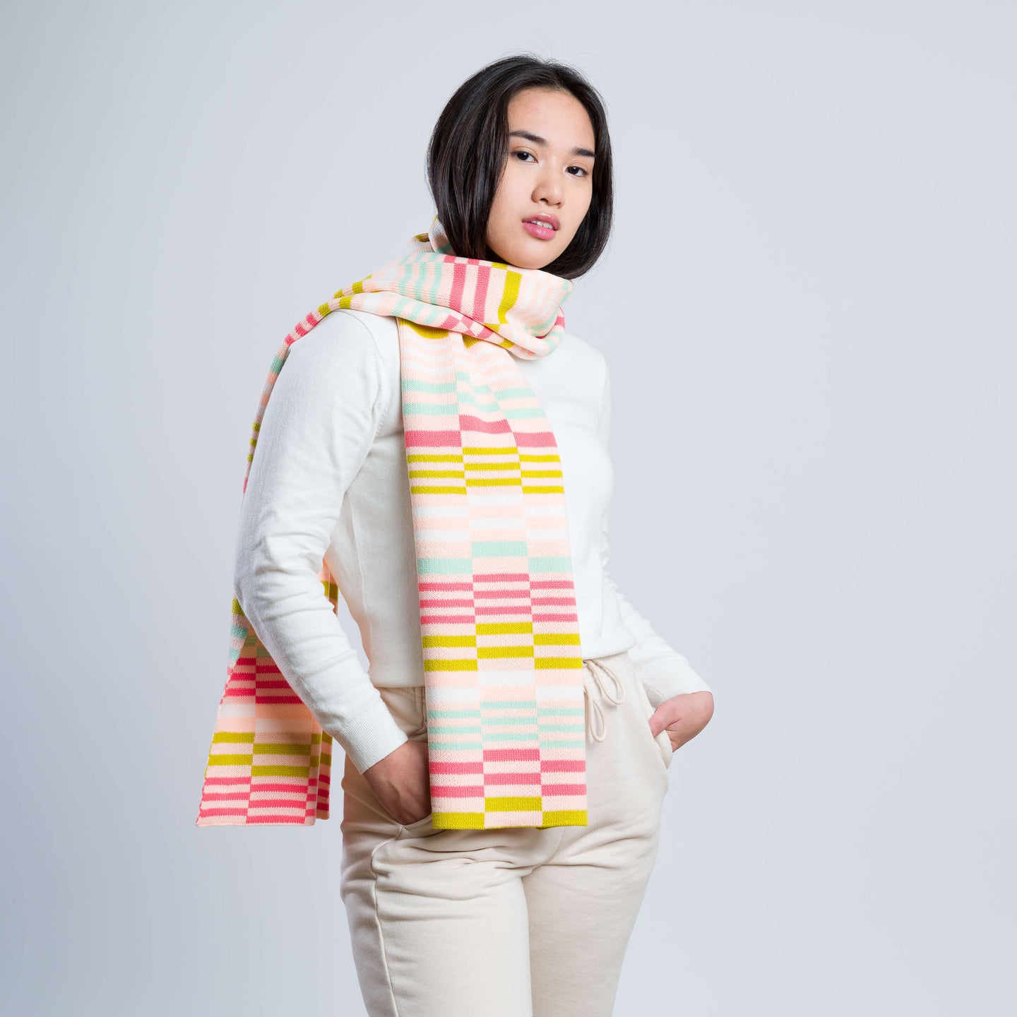 Albers Checkerboard Big Knit Pattern Scarf Reversible On Model Wear
