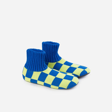 Lime Cobalt | Checkerboard Knit Sock Slippers Knitted Socks Rib Cuff