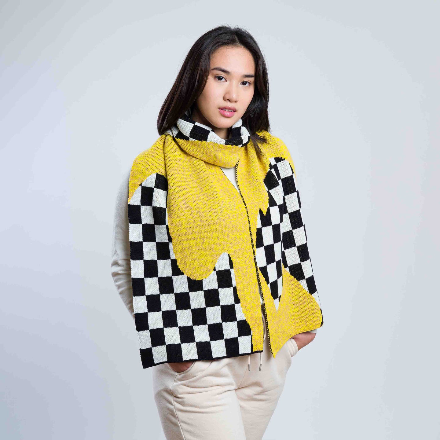Checkerboard Spill Big Knit Scarf Winter Graphic Bright Colorful Wear Model 