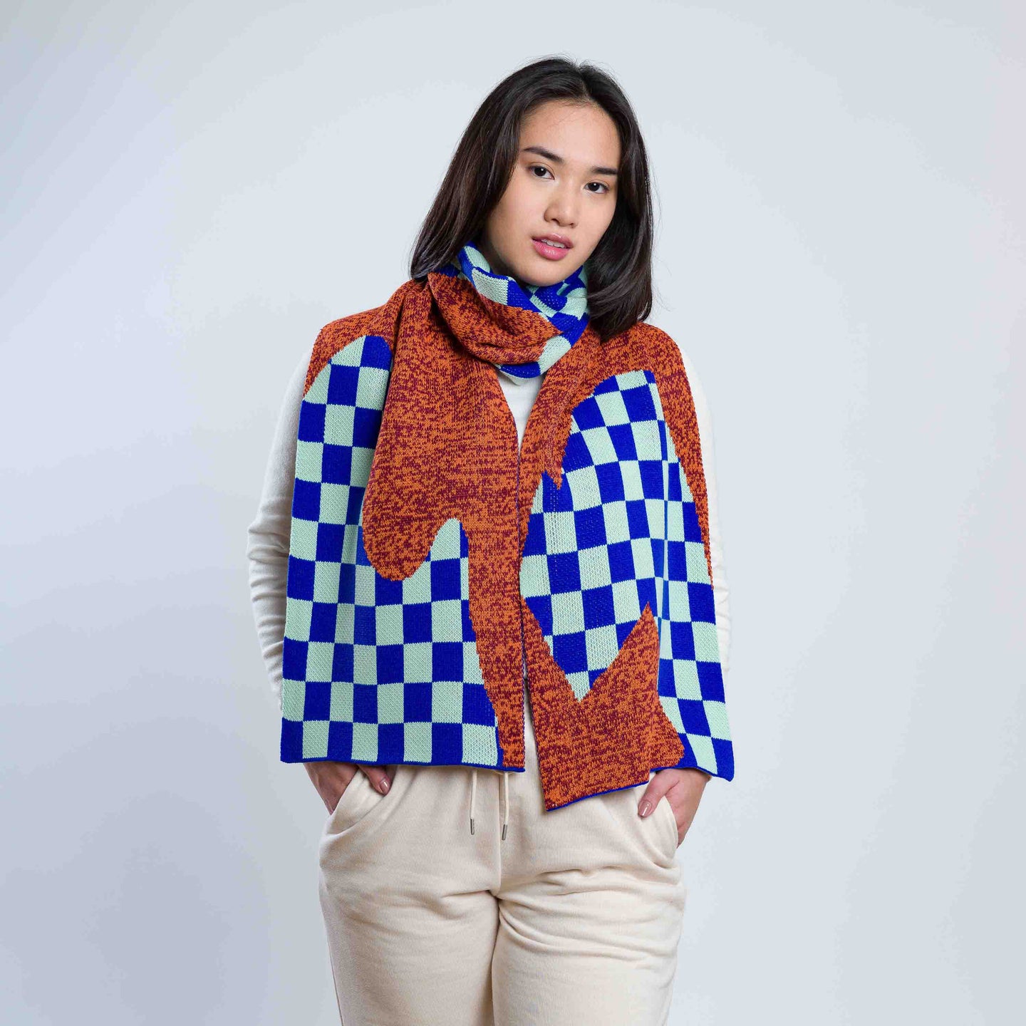 Checkerboard Spill Big Knit Scarf Winter Graphic Bright Colorful Wear Model