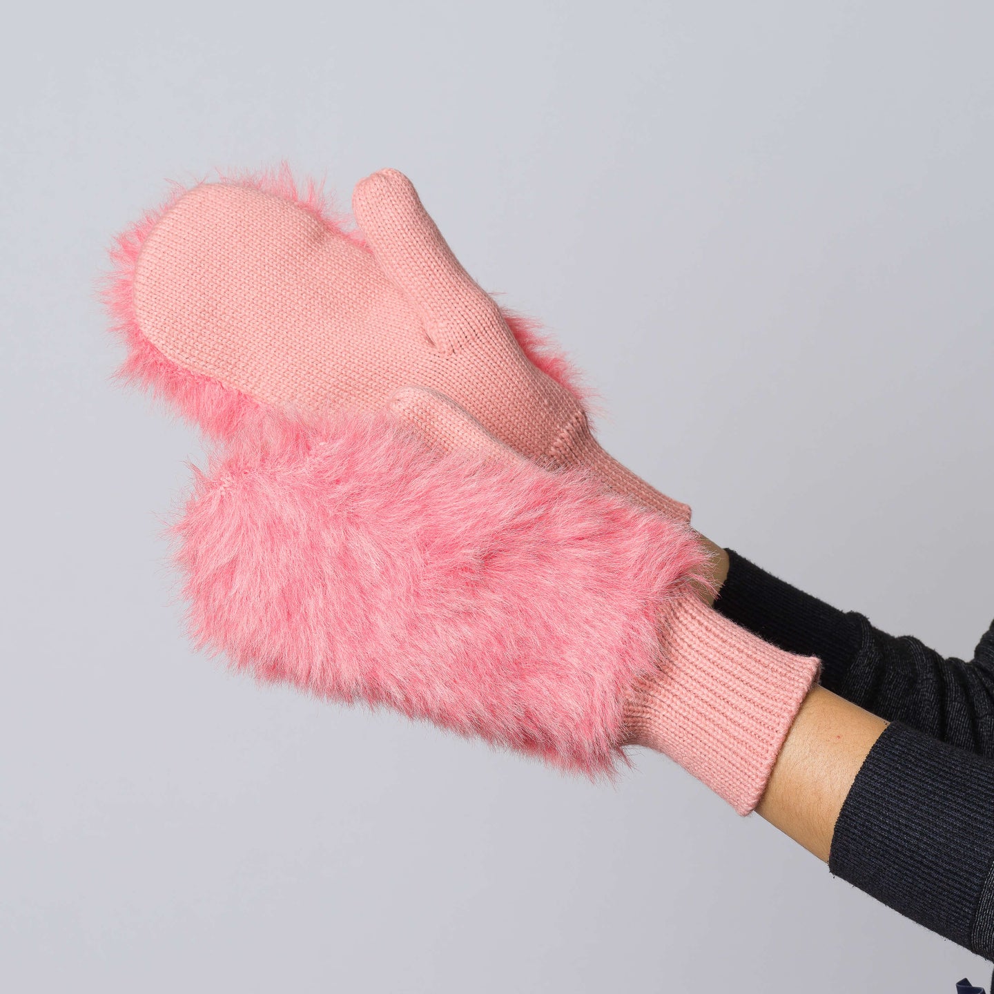 Fuzzy Faux Fur Colorblock Knit Mittens On Model Wearing Hands Vegan Gloves
