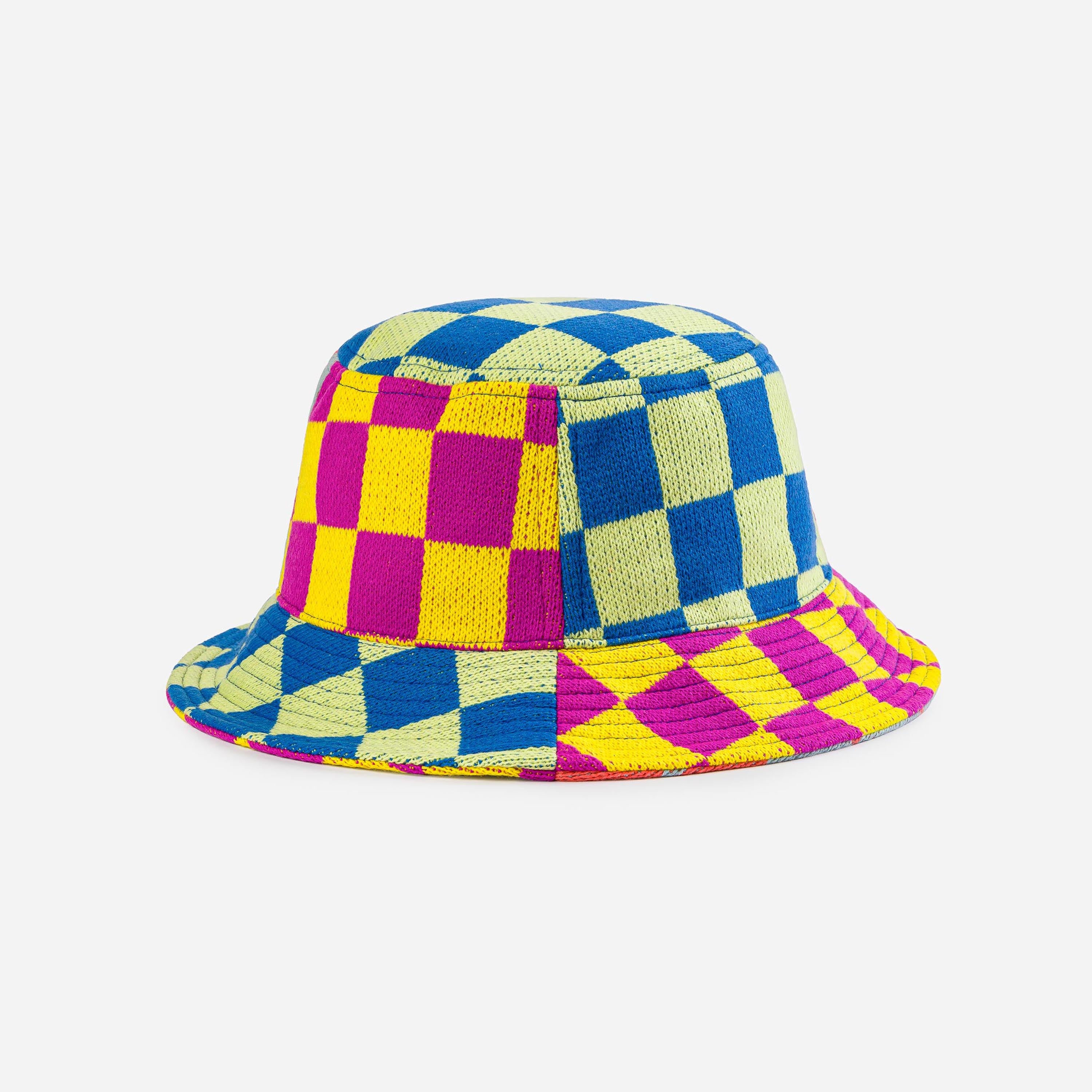 Checkerboard Patchwork Bucket Hat - Knit Bucket Hat Lime Cobalt