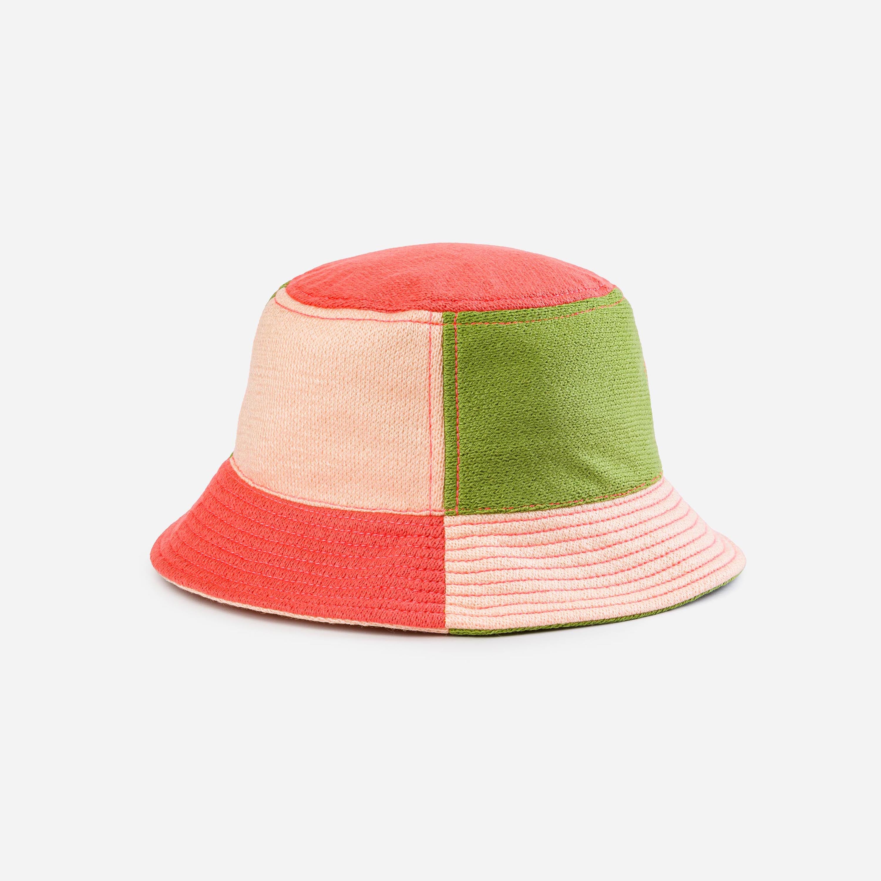 Colorblock Knit Jacquard Bucket Hat - Deadstock Neon Topstitching. Melon Blush