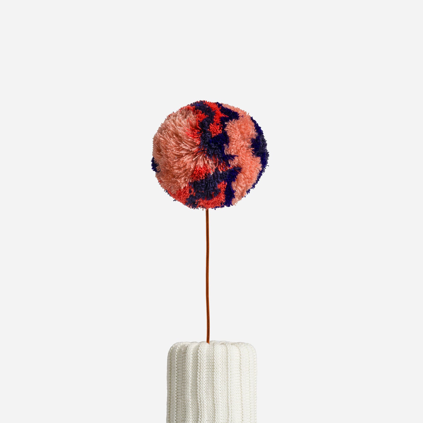 colored pom pom on a wire with a white home decor background