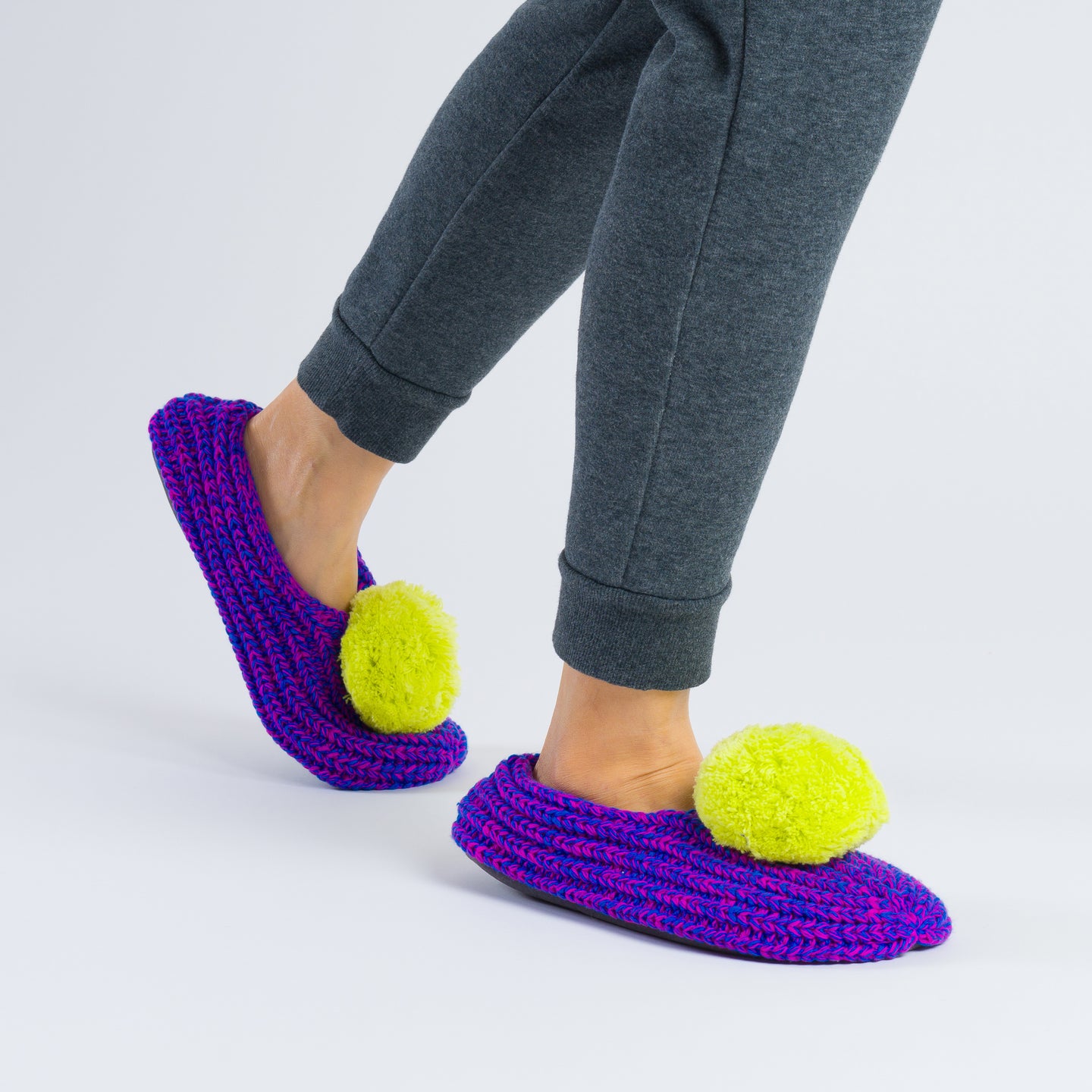 Pom Fluffy Knitted Sock Rib Knit Slippers Colorful
