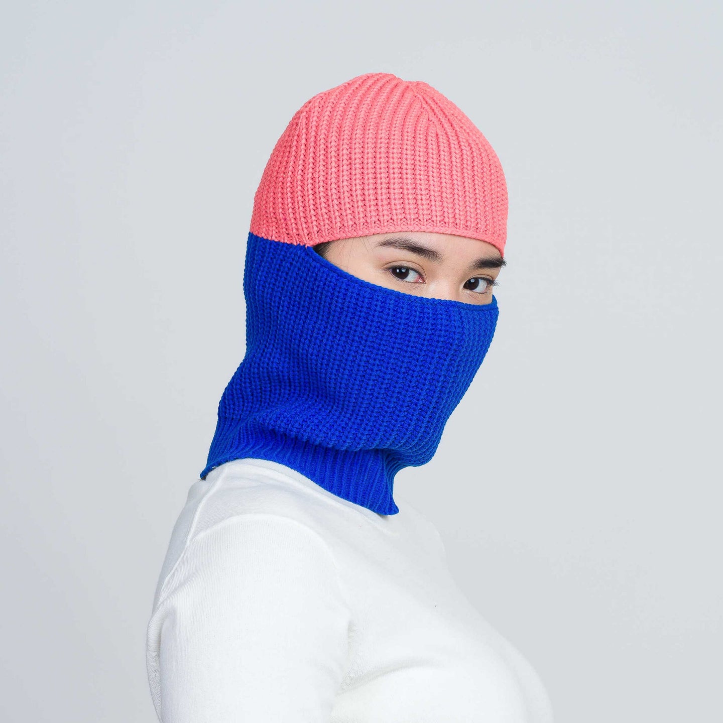 Colorblock Rib Knit Balaclava Ski Mask Winter Full Face Cover On Model Wear