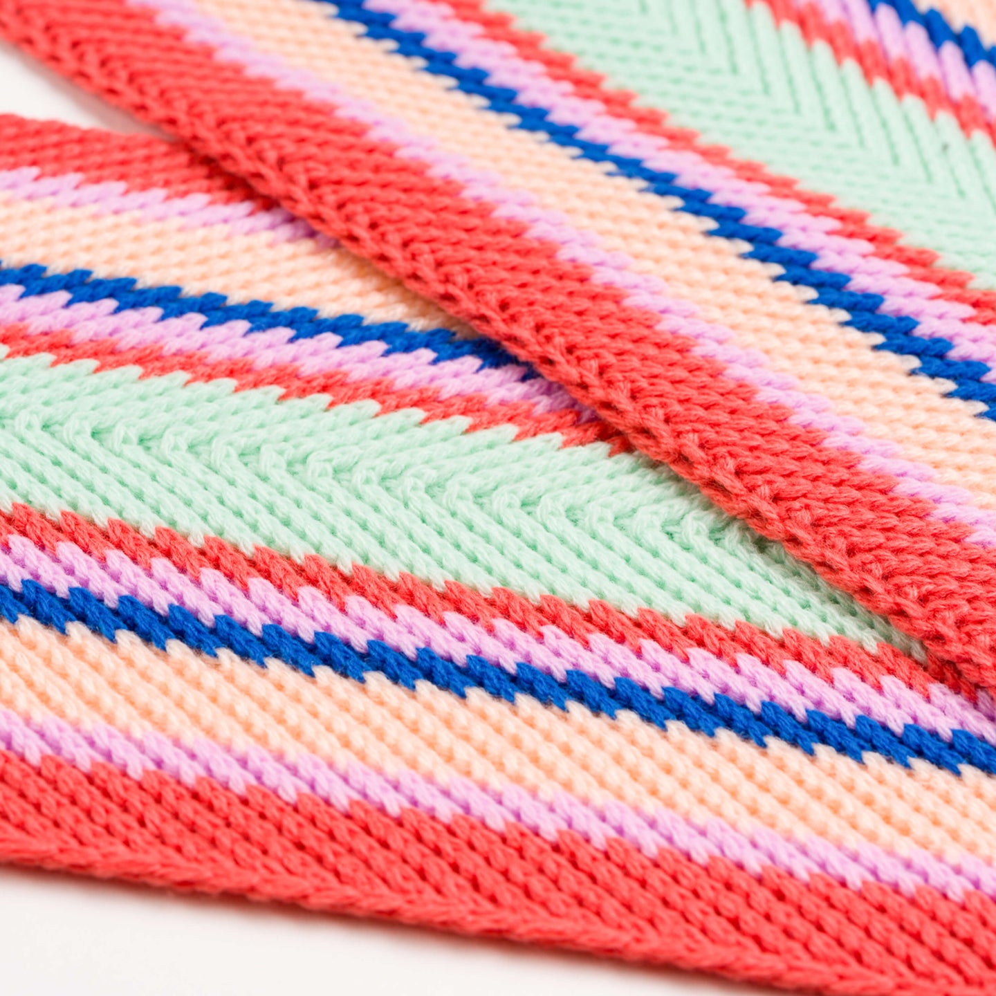 Ribbon Striped Knit Scarf Herringbone Chevron textured long scarf pattern unisex pink green mens close up detail