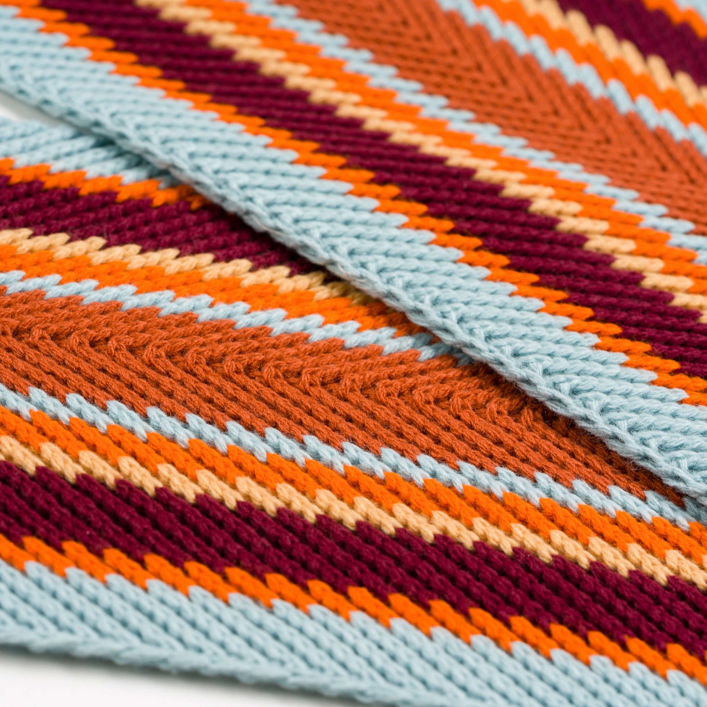 Ribbon Striped Knit Scarf Herringbone Chevron textured long scarf pattern unisex neutral camel mens close up detail
