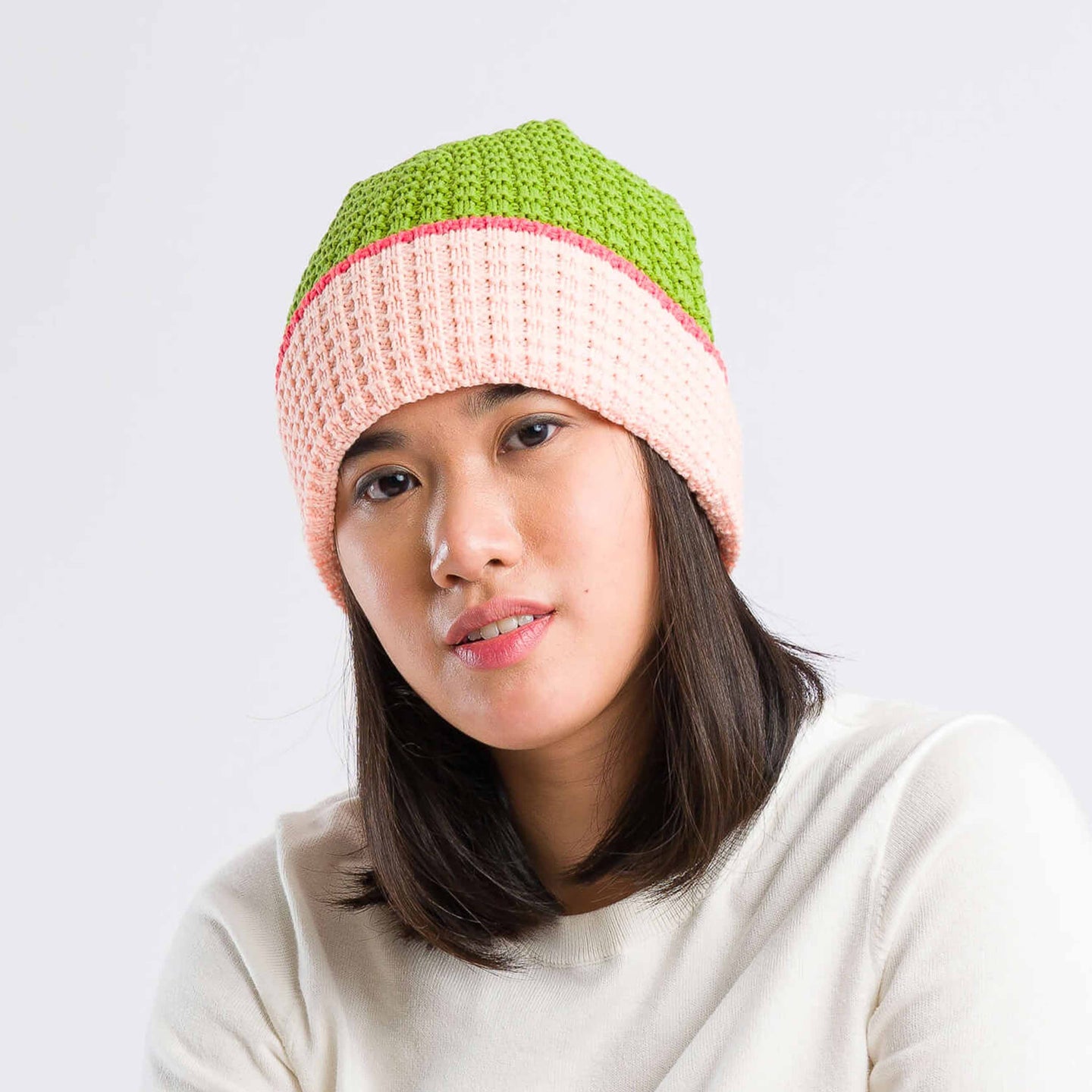 Waffle Knit Colorblock Beanie Chunky Knit Hat On Model