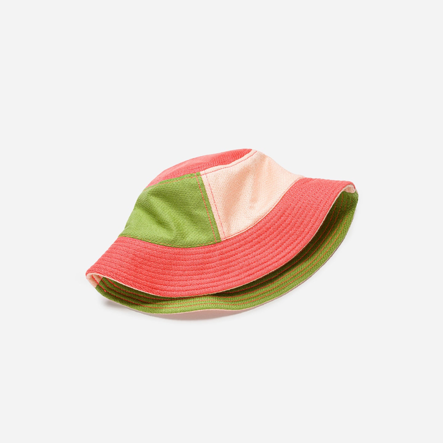 folded to the side of knitted and colorful Colorblock Bucket Hat