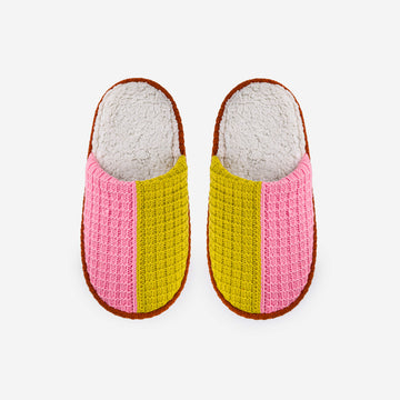 Golden Olive Pink | Colorblock Slide Slippers Waffle Padded Soles Spa Knit Backless Slippers Cozy Warm