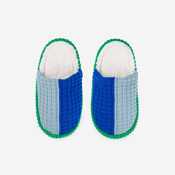 Stone Blue Cobalt | Colorblock Slide Slippers Waffle Padded Soles Fleece Lined Spa Knit Backless Slippers Cozy Warm Colorful Holiday Gift Mens Womens Unisex