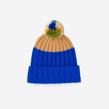 Cobalt | Chunky Pom Colorblock Beanie Warm Slouchy Rib Hat Deadstock
