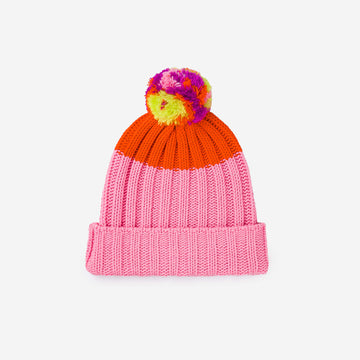 Pink | Chunky Pom Colorblock Beanie Warm Slouchy Rib Hat Deadstock