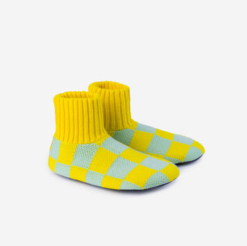 Jade Yellow | Checkerboard Sock Slippers Knit Unisex Men's Sizes Soft Padded Sole Non-Slip