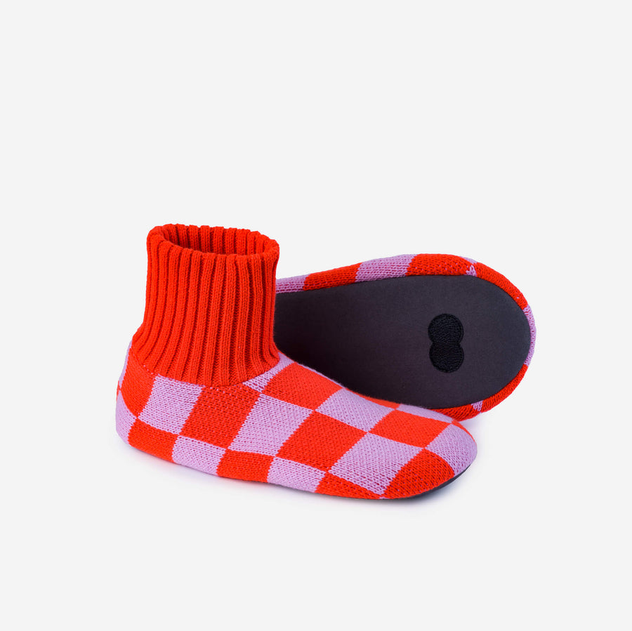 Rust Camel | Checkerboard Sock Slippers Knit Unisex Men's Sizes Soft Padded Sole Non-Slip