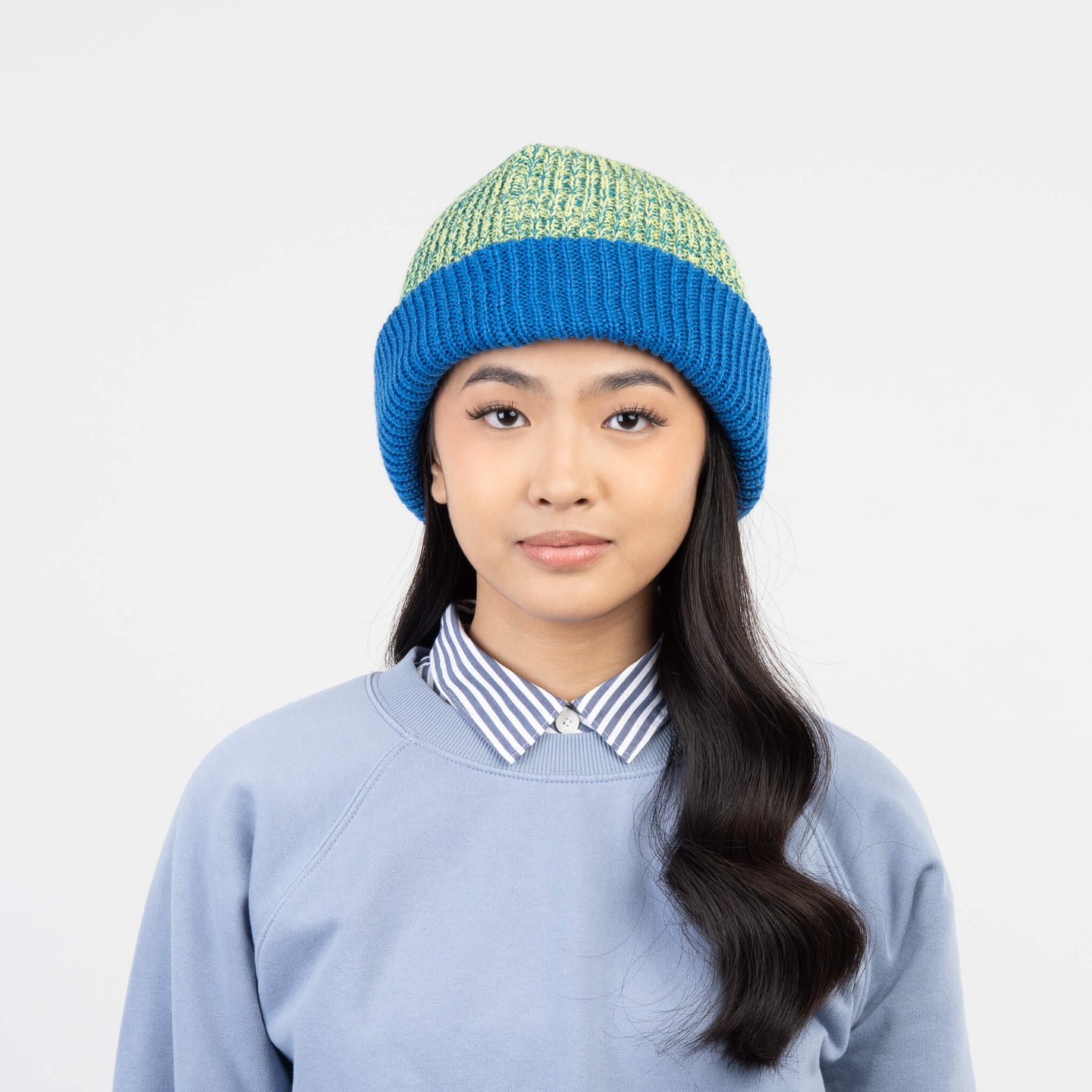 Colorblock Plush Knit Beanie Stretchy Hat Large Head Cuff