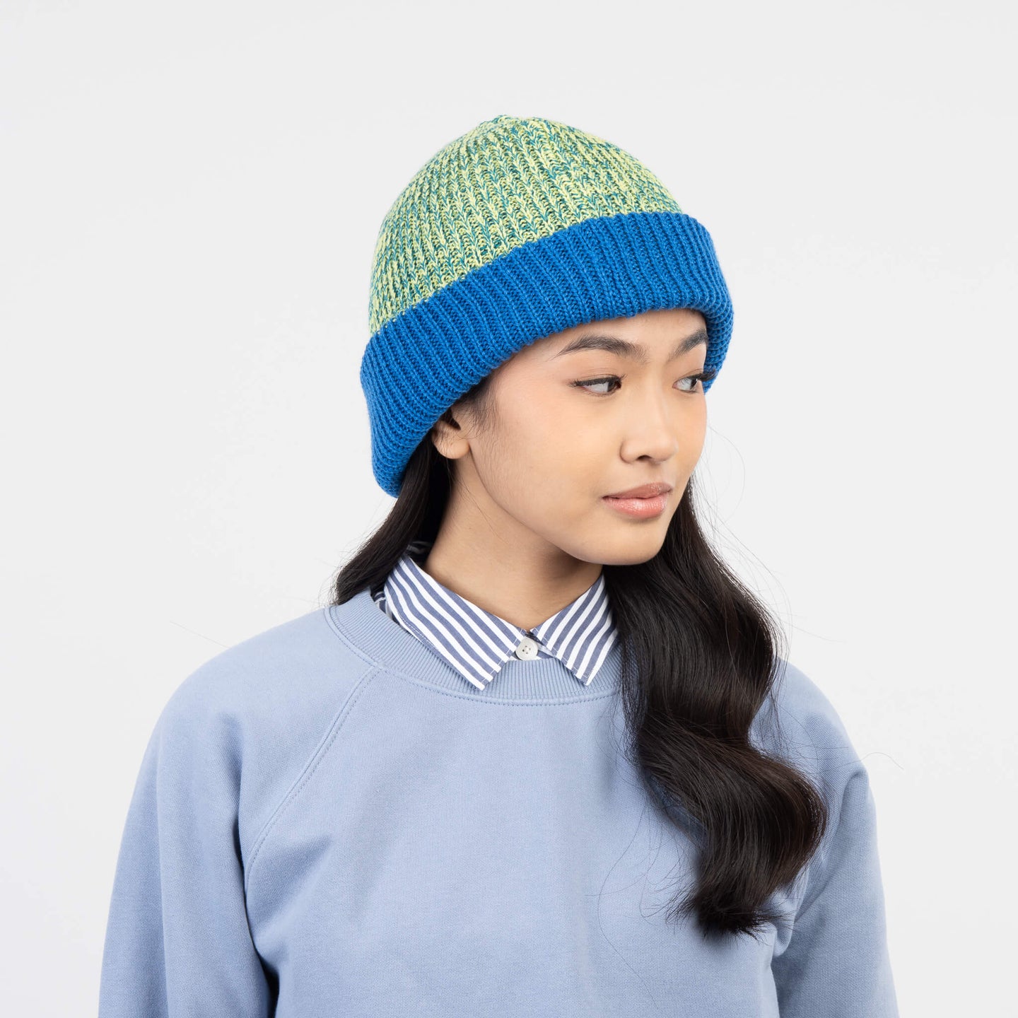 Colorblock Plush Knit Beanie Stretchy Hat Large Head Cuff
