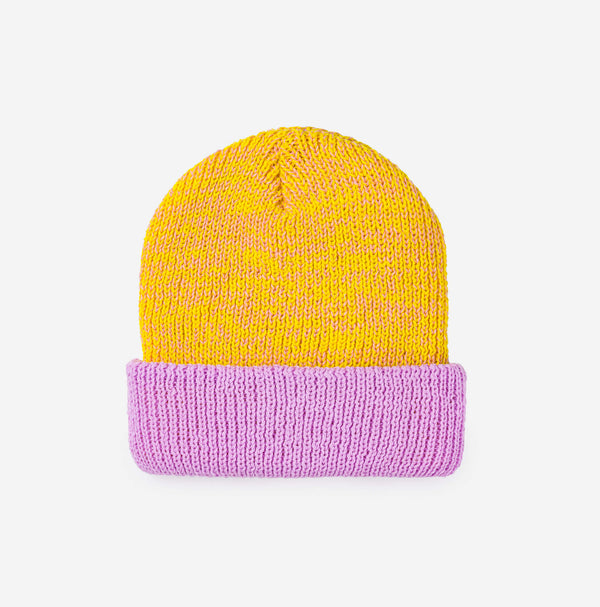 Yellow Pink | Colorblock Plush Knit Beanie Stretchy Hat Large Head Cuff
