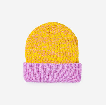 Yellow Pink | Colorblock Plush Knit Beanie Stretchy Hat Large Head Cuff