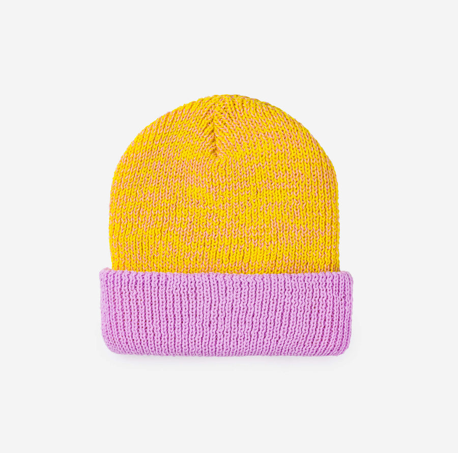 Yellow Pink | Colorblock Plush Knit Beanie Stretchy Hat Large Head Cuff