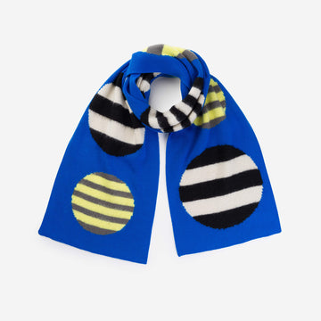 Cobalt | Stripe Dot Big Knit Scarf Fuzzy Polka Dots Cozy Brushed Mohair Blend