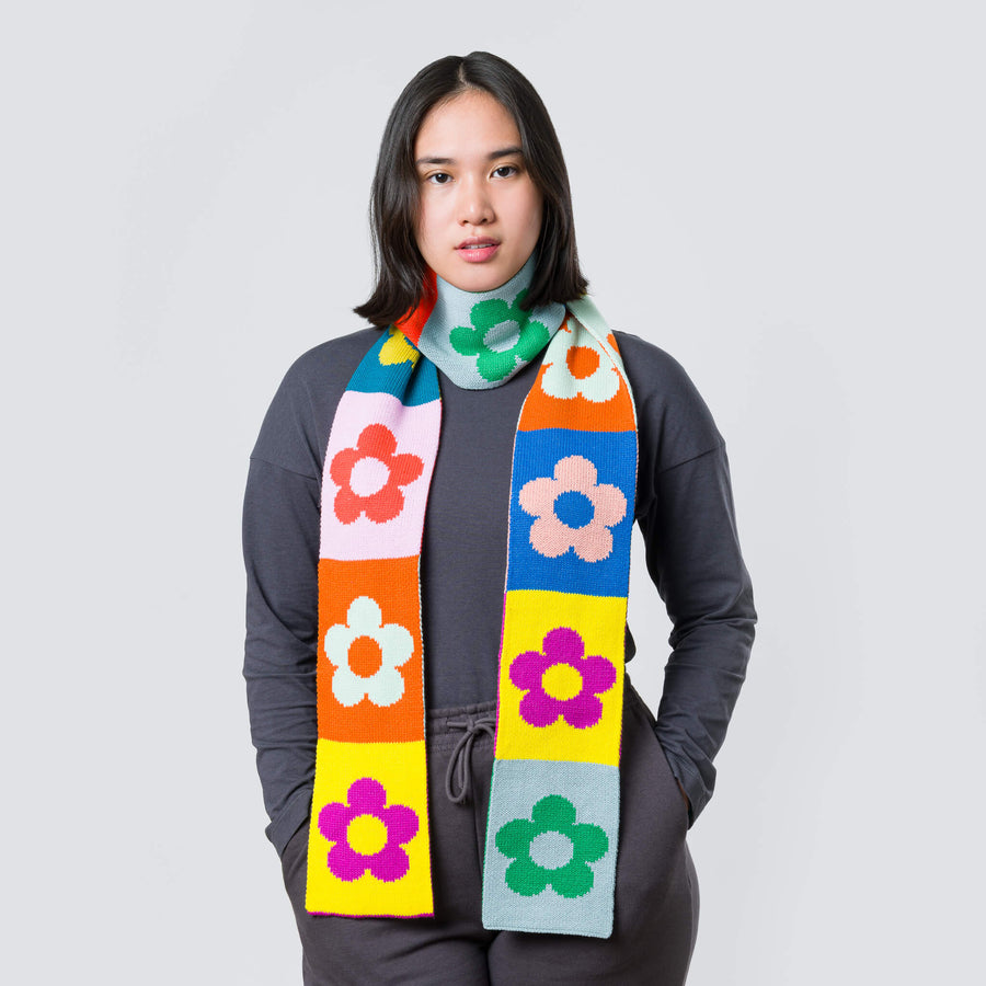 Rainbow | Flower Block Pattern Patchwork Knit Long Scarf Retro