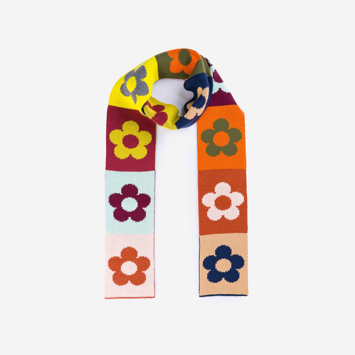 Flower Block Pattern Patchwork Knit Long Scarf Retro