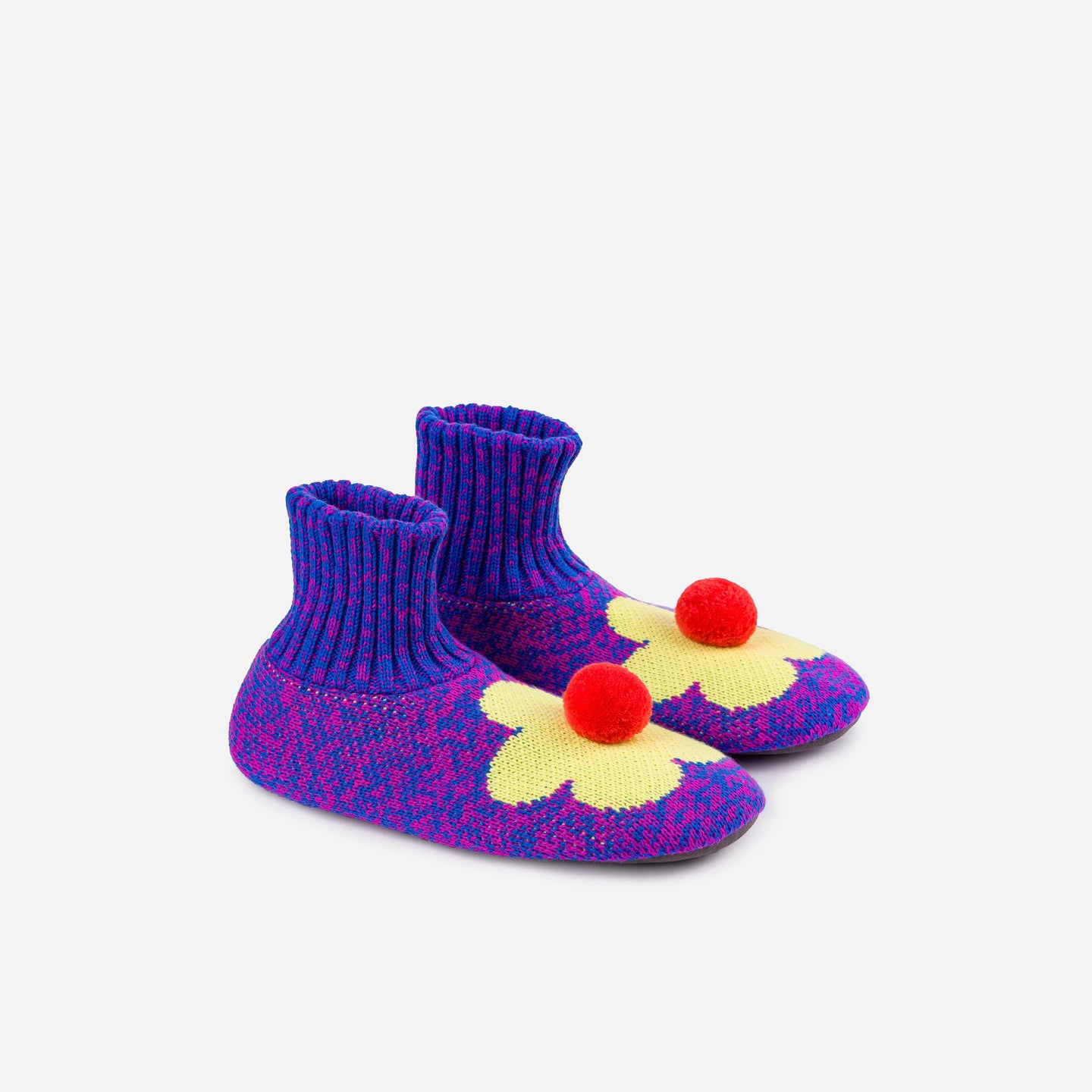 Knitted side view Magenta Cobalt Flower Sock Slipper Knit Pom