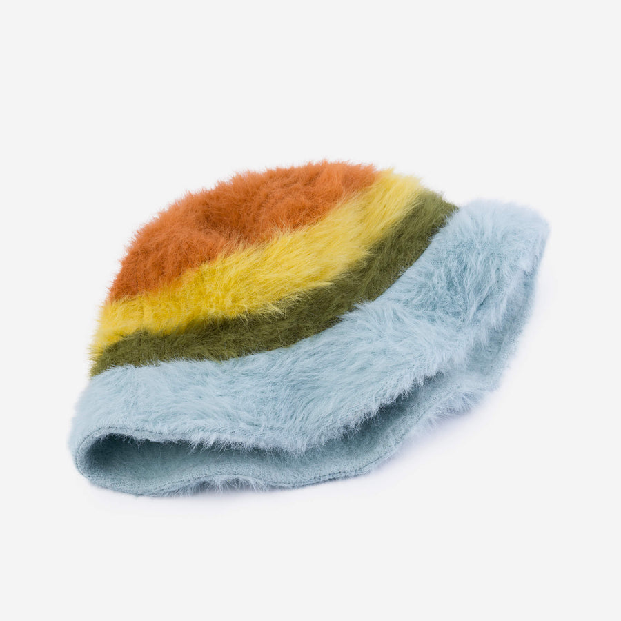 Stone Blue Moss | Fur Knit Bucket Hat Fuzzy Fluffy Stripes Crushable\