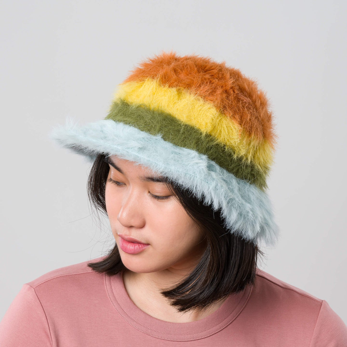 Fur Knit Bucket Hat Fuzzy Fluffy Stripes Crushable