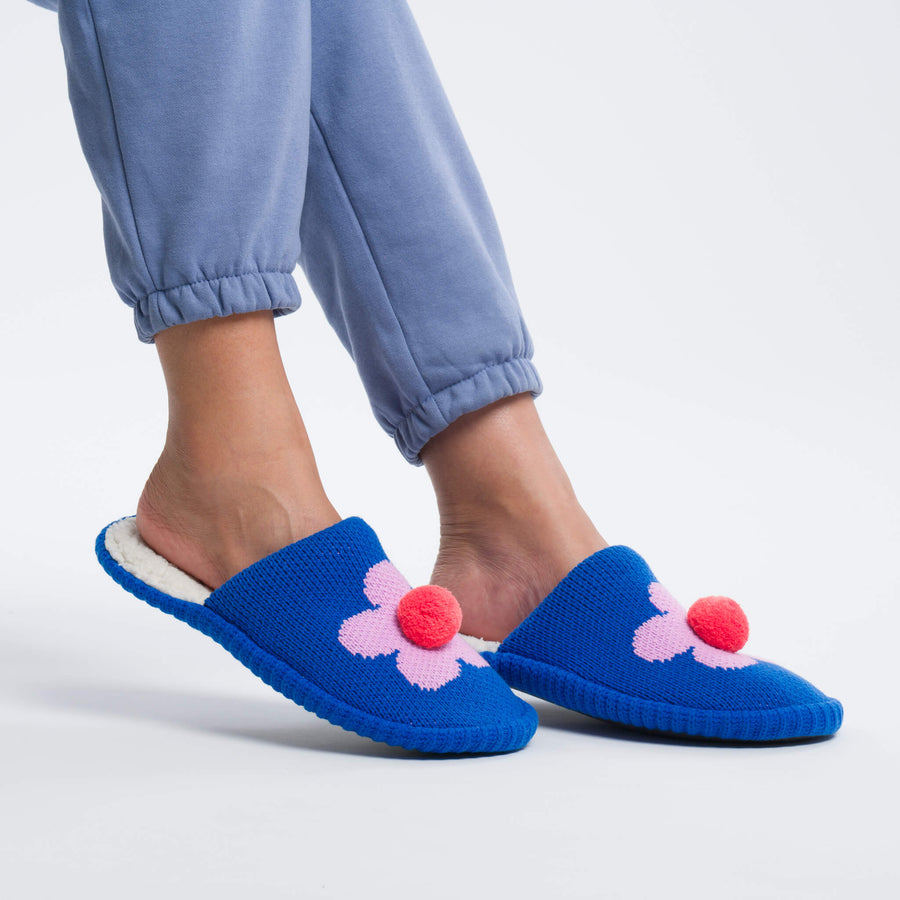 Flower Pom Slide Spa-Style Backless Slippers Knit Waffle Cozy