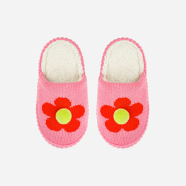 Pink | Flower Pom Slide Slippers Cute Spa Slippers Daisy Comfy Cozy Warm Backless Slides Fleece Lined Unisex Mens Womens Holiday Gift