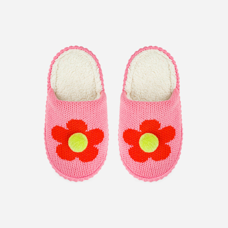 Flower Pom Slide Spa-Style Backless Slippers Knit Waffle Cozy