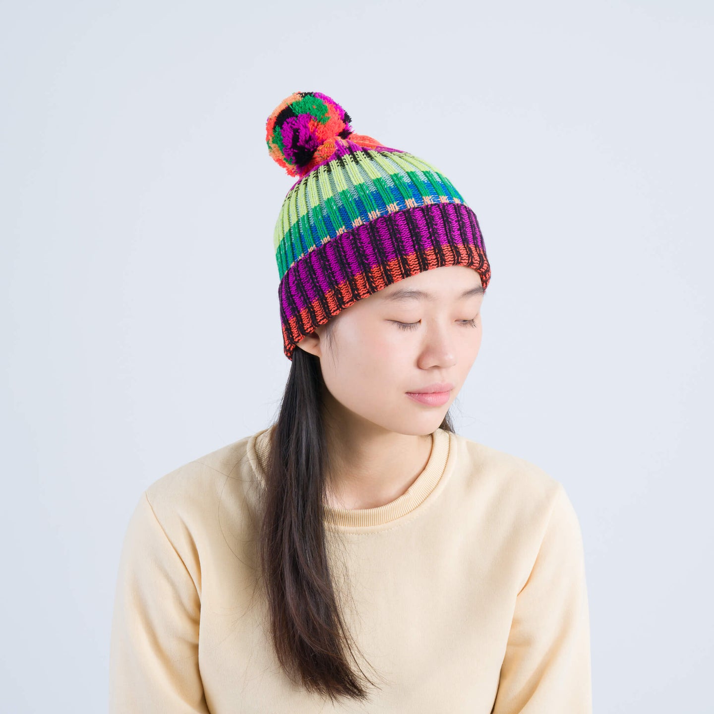 Mosaic Stripe Pom Beanie