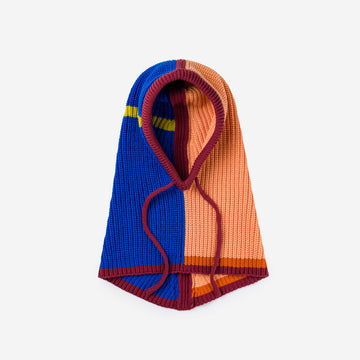 Peach Cobalt | Drawstring Knit Outline Hood Colorblock Colorful Cozy Balaclava Hood