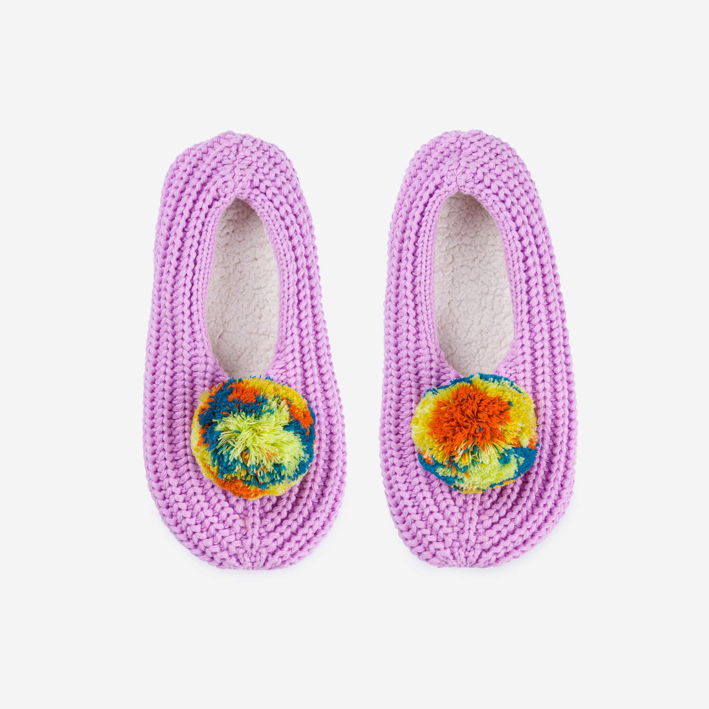 Marble Pommed Rib Knit Indoor Slippers Fleece Lined Cozy Warm Stretchy Comfy Holiday Gift Colorful PomPom