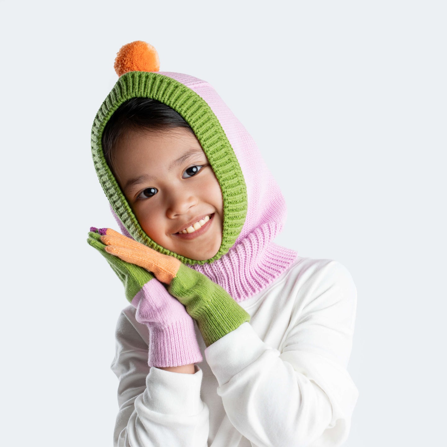 Pom Balaclava Hood Kids Pink Cute Hat Warm Alternative Stay On Head Matching Gloves Set