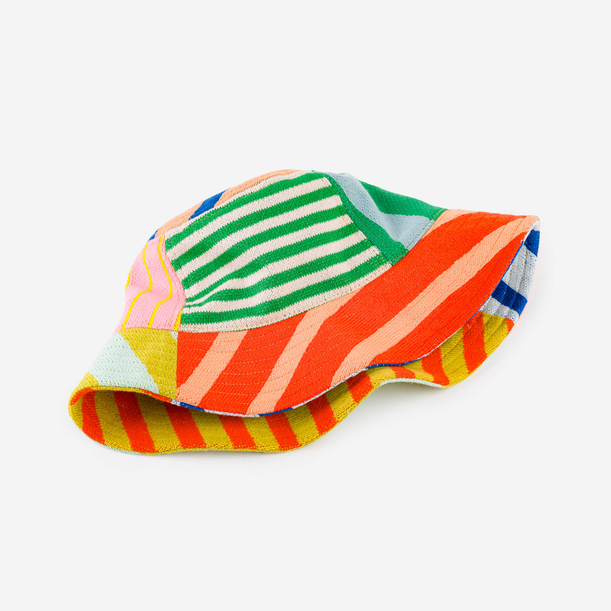 Patchwork Stripe Knit Bold Bucket Hat Washable Packable Sun Hat