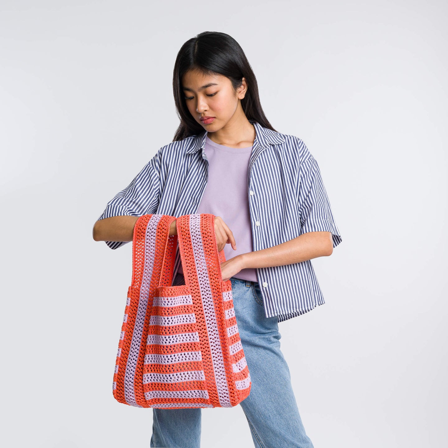 Raffia Stripe T Shirt Bag Washable Crochet Beach Bag Cute