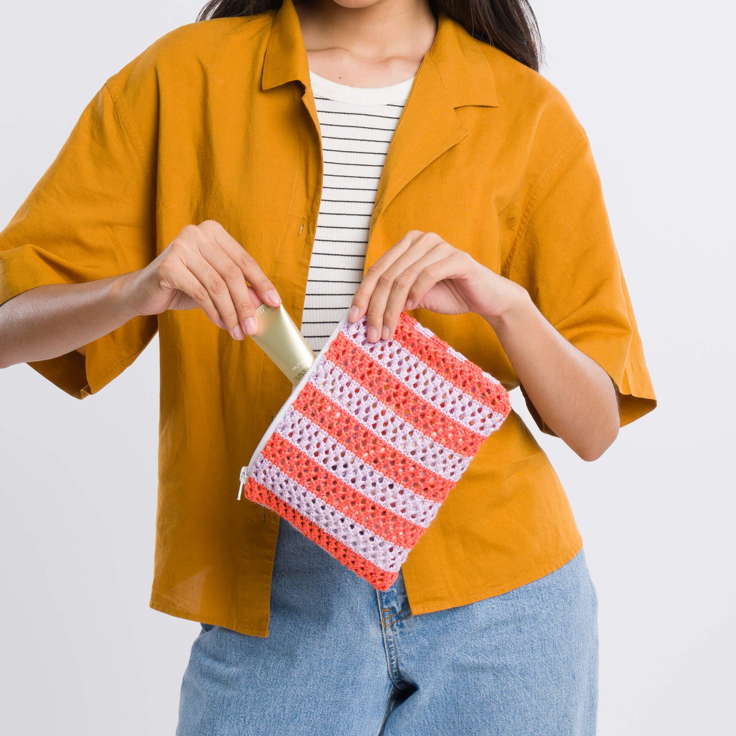 Stripe Raffia Pouch Zipper Crochet Washable