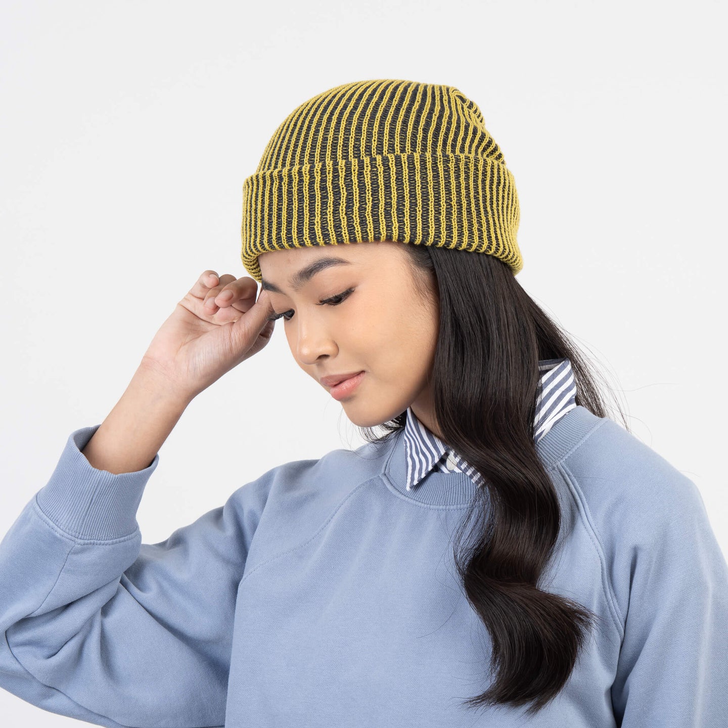 Simple Rib Hat Contrast Stripe Slouchy Beanie Knit Unisex mens one size