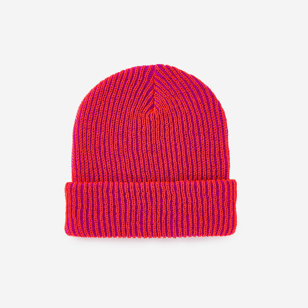 Poppy Magenta | Simple Rib Hat Contrast Stripe Slouchy Beanie Knit Unisex mens womens one size Beanie Perfect Fit Stretch Bright Color Hat Toque Holiday Gifts Knit Cap