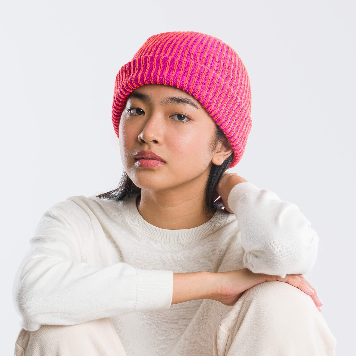 Poppy Magenta | Simple Rib Hat Contrast Stripe Slouchy Beanie Knit Unisex mens one size knit watchcap soft rib