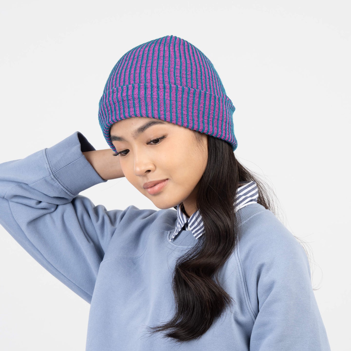 Simple Rib Hat Contrast Stripe Slouchy Beanie Knit Unisex mens one size