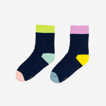 Navy | Spot Knit House Socks Cold Feet Warm Fleece Indoor Waffle Knit