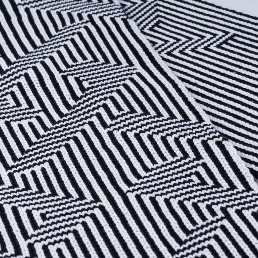 Black White | Optical Stripe Big Knit Scarf Two Tone Rib Stripes Reversible Detail