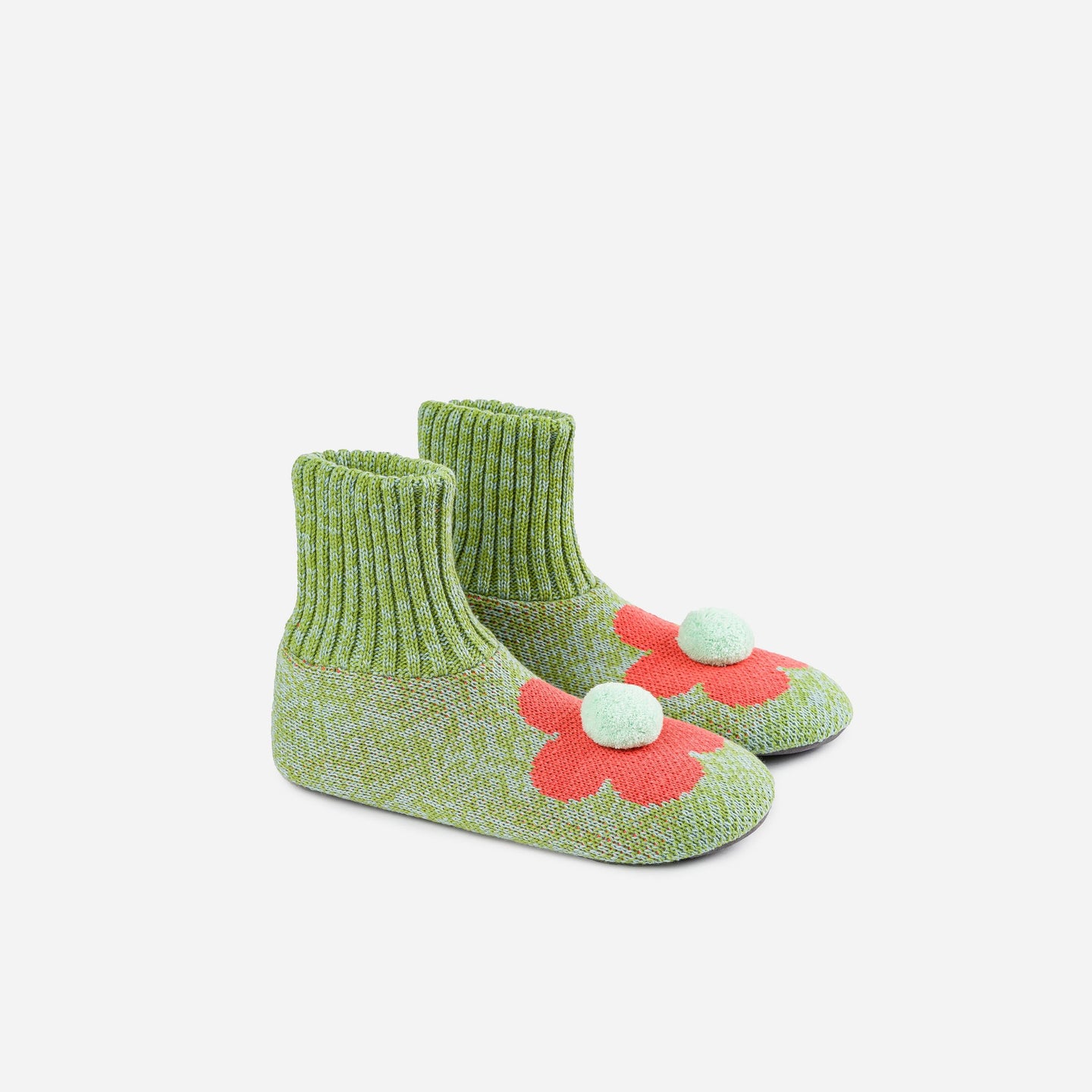 Knitted Green  Flower Sock Slipper Knit Pom
